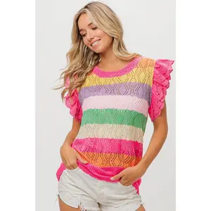 BiBi Pointelle Striped Ruffled Knit Top