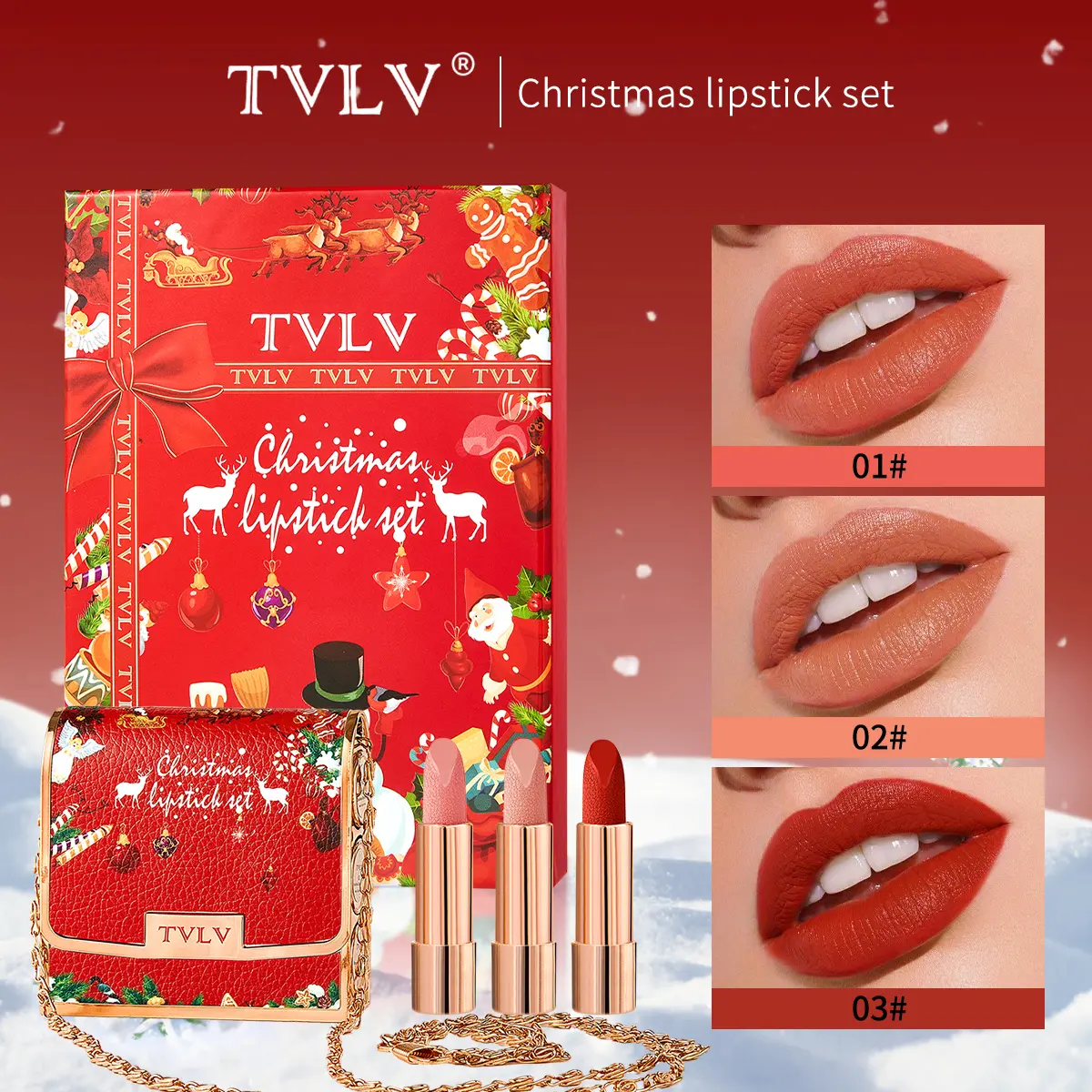 Christmas Lipstick Gift Box Set, Matte Waterproof Long-Lasting, Includes Lip Balm Chain Bag, Perfect Holiday Gift for Women