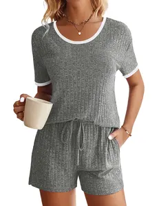 Women's Pajamas 2 Piece Lounge Sets Ribbed Matching Outfits Top and Shorts Casual Basic Womenswear Sleepwear
