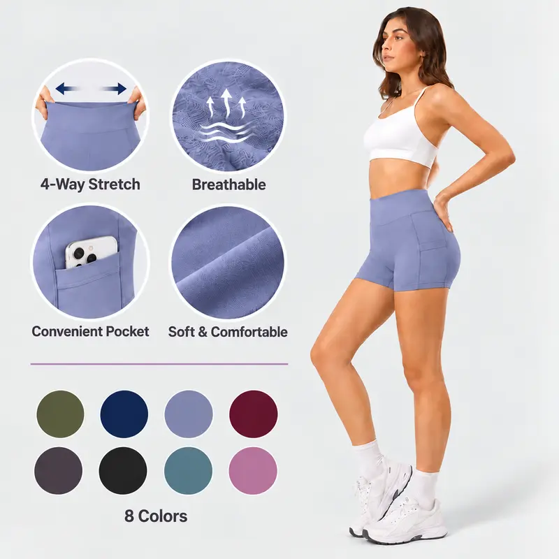 Pro-Fit Women's High Waisted Fitted Soft Stretch Black Shorts (1-5pcs) - 3-inch Inseam, 3-Pocket Carry, Moisture-Wicking, Quick Dry, Tummy Control, Body Shaping, Breathable, Squat Proof, Gym Sportswear, Safety Shorts 78057 Soft Stretch Shorts
