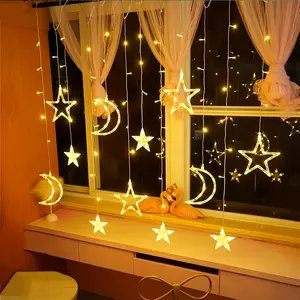 Star Moon LED Curtain Light, Flickering Starmoon Decorative Lamp, Christmas Decoration Indoor Window Canopy, Bedroom Living Room Curtains, Curtain String Light, Led Mood Light