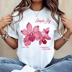 Pink Orchid Flower Simple Joy Since 1989 Unleash The Beast Within Print T Shirt Women Casual Loose Fit Short Sleeve Top