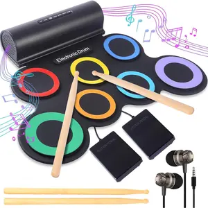 Portable  Drum Set 7-Pads: Roll-Up Electric Drum Kit for Beginners & Hobbyists-MIDI Drum Pad with Headphones,Dual Speakers & Pedals-10H Playtime- Practice Tool for  & Travel
