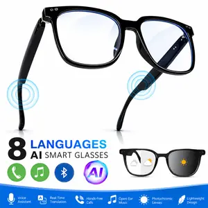 Smart glasses with AI translation function, adjustable brightness lenses, built-in speaker, microphone and blue light protection feature, enable users to listen to music and make calls.