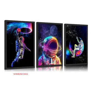 3-Piece Set: Cool Astronaut Canvas Unframed Wall Art, Funny and Whimsical Astronaut Basketball Poster, Artistic Space-Themed Artwork—Perfect for decorating teenage boys' rooms, living rooms, and bedrooms. Frameless.