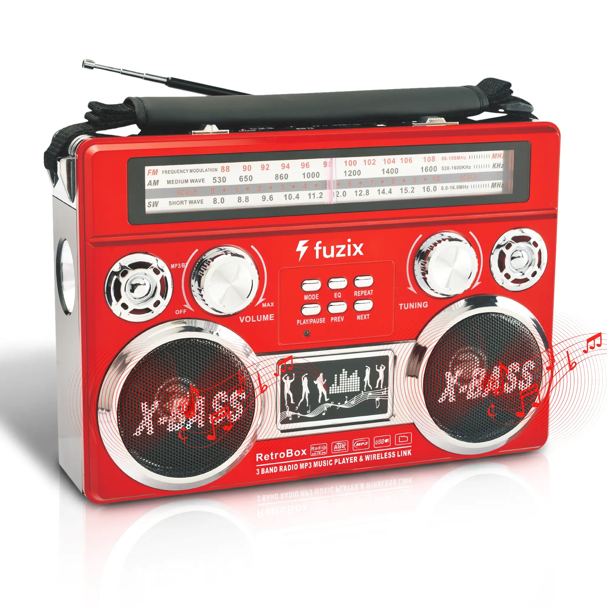 Fuzix Retrobox AM/FM/SW 3-Band Portable Audio Radio Speaker Player Receiver with Wireless Bluetooth Boombox, Built-in Flashlight, SD, MicroSD, AUX Input, Rechargeable Battery, Vintage, Usb