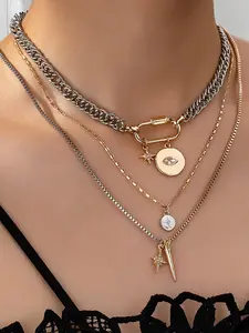 Fashionable, unique and exaggerated trendy eye-catching pendant multi-layered stacked necklace for women. A versatile bohemian-style jewelry that can be layered. Suitable for women and girls as graduation gifts or for the Coachella music festival.