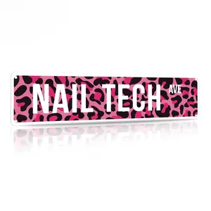 1pc Vintage Nail Tech Street Sign - Pink Leopard Print Metal Tin Wall Art for Nail Salon, Beauty Studio & Home Decor |   Retro Road Style Poster with Pre-Drilled Holes |   3.9x15.7 Inches