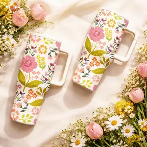 1 Pc 40oz Floral Insulated Travel Mug With Handle, Large Capacity Coffee Tumbler For Hot And Cold Drinks, Reusable Vacuum Mug For Daily Use, Office Home Outdoor, Aesthetic Flower Drinkware, Gift For Women And Friends