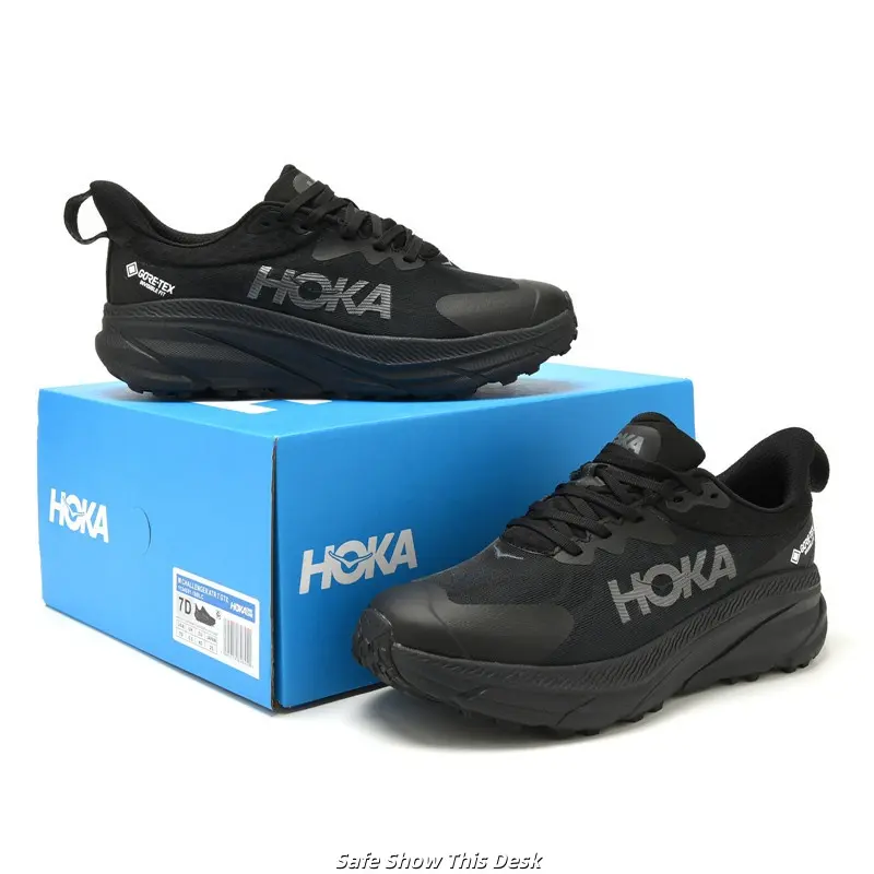 Brand New Sealed Original Box Unisex All Black Mesh Trail Running Sneakers Gray Side Logo Wave Thick Cushion Sole Deep Non Slip Outdoor Athletic Walking Hiking Daily Sports Trainers