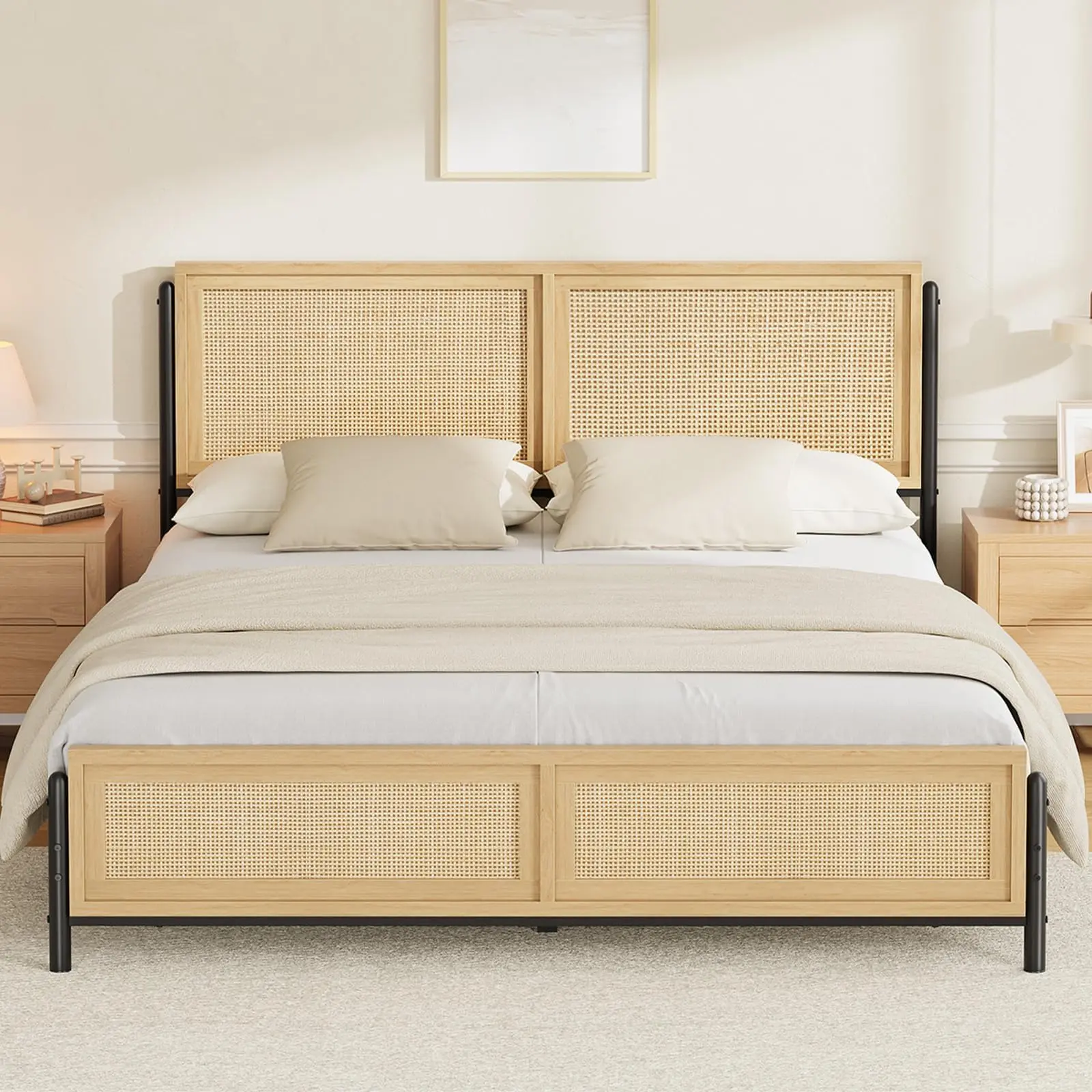 Natural King Size Bed Frame Complete with a Rattan Headboard and Footboard, Boho King Mattress Frame