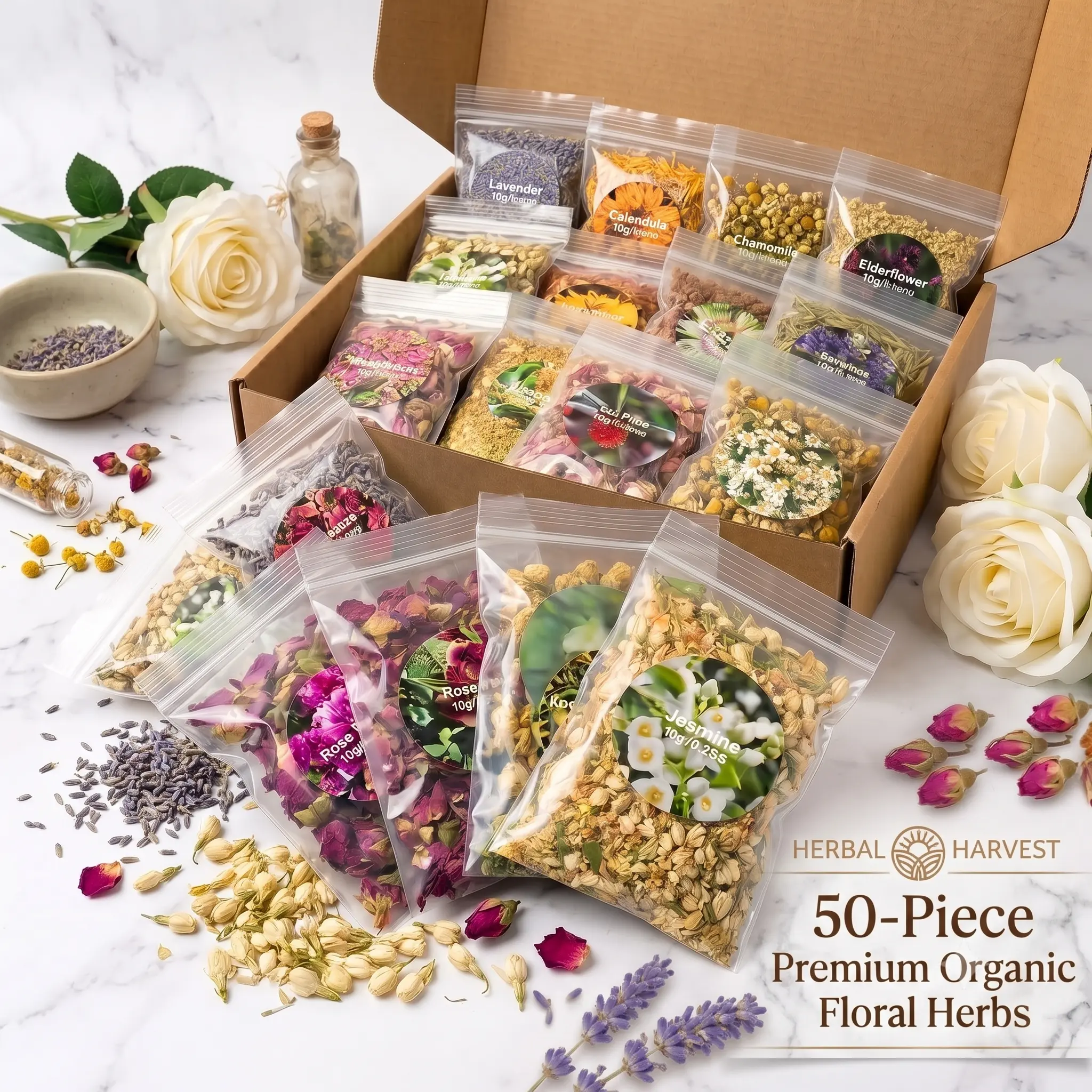 50-Piece Premium Organic Dried Botanical Plant Kit - Natural Floral Herbs, Rose, Lavender, Crystal, Reusable Butterfly Gift Box for Beginner Wiccans, Energy Cleansing, Mix into Bath Teas, Jasmine Calm