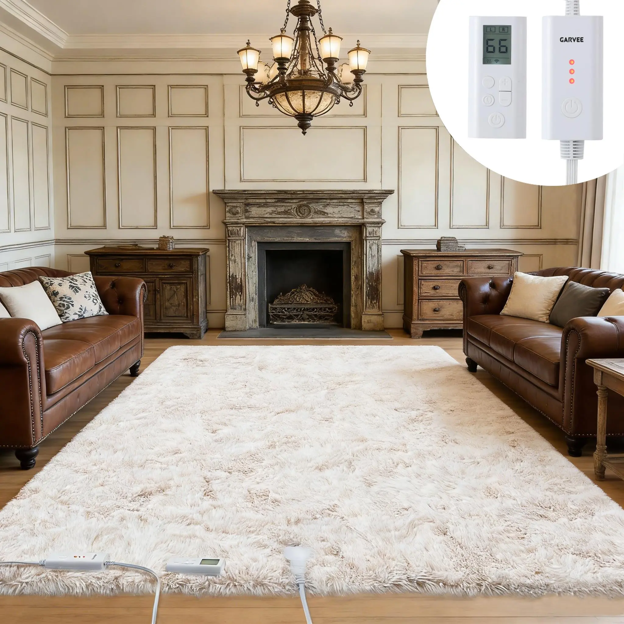 Wireless Heated Floor Mat 5x7, Electric Heated Rug with 6 Heat Settings & 2-10H Timer, Soft Plush Heating Mat Carpet Foot Warmer for Living Room Bedroom Office Game Room, Cream