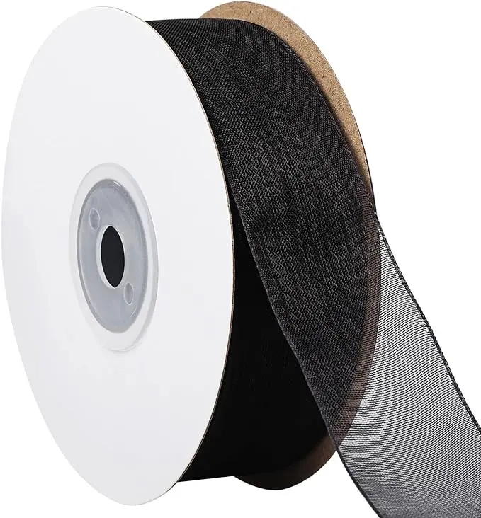 Black Sheer Chiffon Ribbon Organza Ribbon for Crafts and Gift Wrapping, 1 Inch Wide 50 Yards (Black)