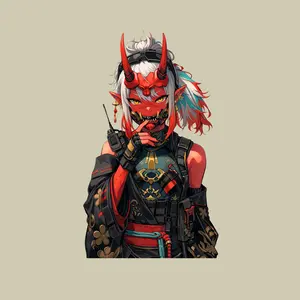 Red Oni Mask Samurai Girl Sticker, Tactical Kimono, Devil Horns, Fierce Anime Art