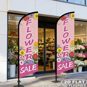 2counts 2D FLAT Pink/ Green Flower Feather Flags, Party Photobooth Props, Party Decorations Banners, 60x180cm Swooper Feather Flag Sign(NO FLAGPOLE), for Florists Event Planning Shops(Green Flower), Single-sided Printing Feather Flag Outdoor Decor