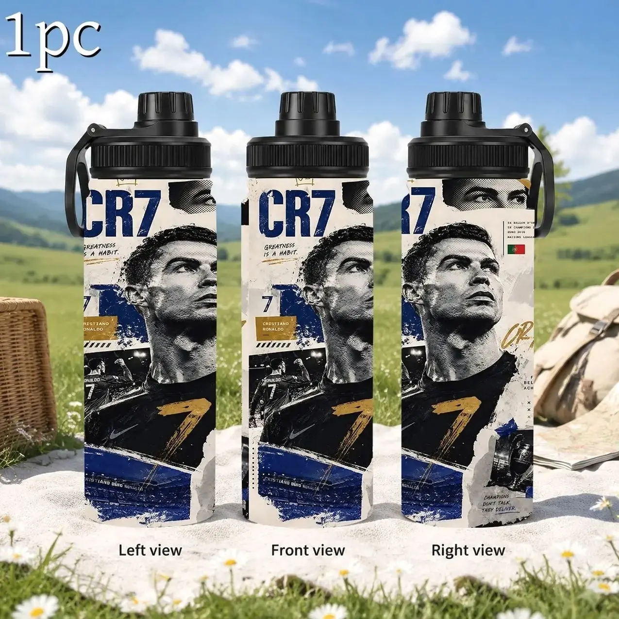 1pc 20/30oz Sports Water Bottle With Carry Handle, Handheld Water Bottle Running, CR7 No.7 Football Newspaper Print Stainless Steel Insulated Travel Flask, Leakproof Flip Top Water Jug For Gym Hiking Outdoor, Soccer Fan Merch Gift For Football Lovers