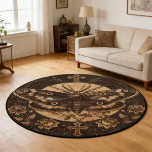 Cross Rose Moth Rug, Round Vintage Gothic Moonlight Moth Rose Rug, Soft Comfortable Circular Rug, Hand Wash Only, Home Decor, Decorative Area Rug
