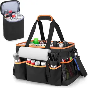 Large Grill Utensil Caddy with Detachable Cooler, Collapsible Picnic Organizer with Paper Towel Holder for Griddle Accessories, Tailgating Accessory Basket for Outdoor Cooking Supplies, Black HODRANT