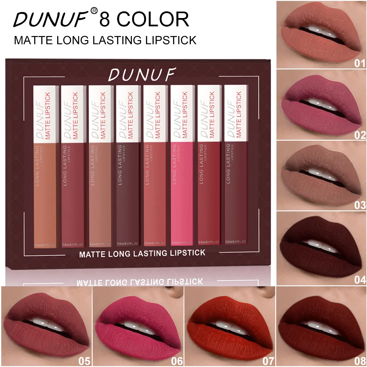 DUNUF 8 PCS Matte Lipstick Kit | Non-Stick Cup Long Wear Lip Gloss | Nude, Rose & Deep Red Shades | Everyday Makeup Gift Set for Girls | TikTok Beauty Must-Have maquillaje water proof holiday