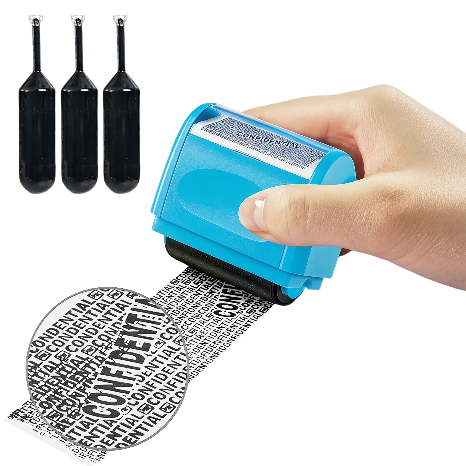 Refillable Identity Protection Roller Stamp with 3 Ink Refills, Wide Privacy Block-Out Stamp for Shipping Labels, Bills, Addresses and Confidential Documents, Home Office Security Tool