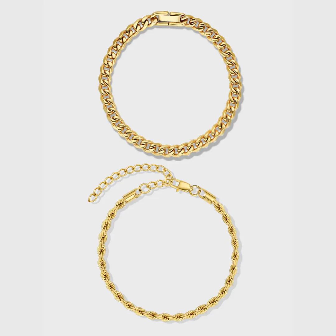 IMPERIUM JEWELRY 14K Gold Plated Stackable Cuban Link Bracelet Set - 2-Size Elegant Costume Accessories Bundle, Layered Metallic Link Chain Bracelets & Bangles, Stackable Bracelet
