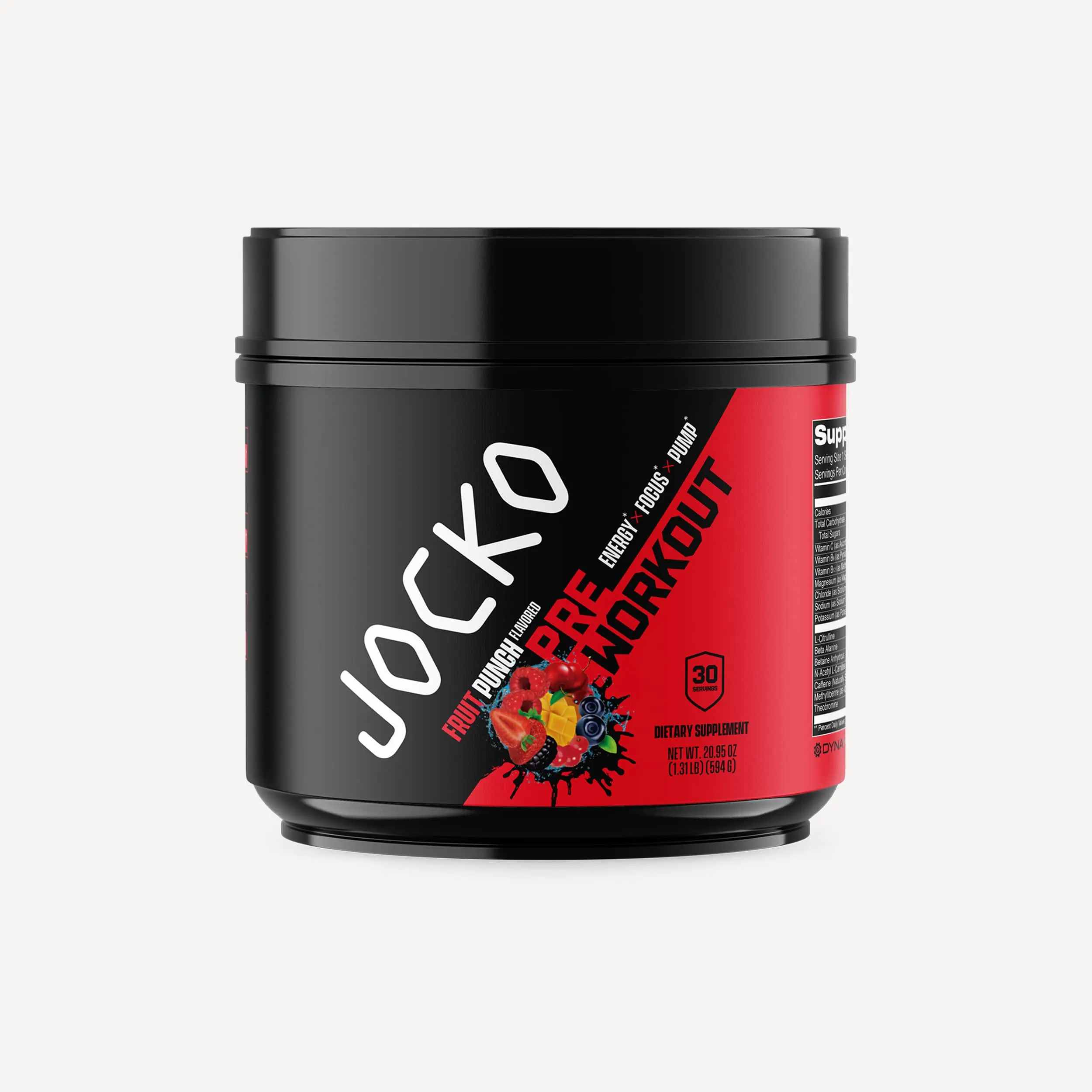 JOCKO, Pre-Workout Powder, Energy + Focus + Pump, Fruit Punch Flavor, 30 Servings (1.31 lbs / 594g) Healthcare Supplement
