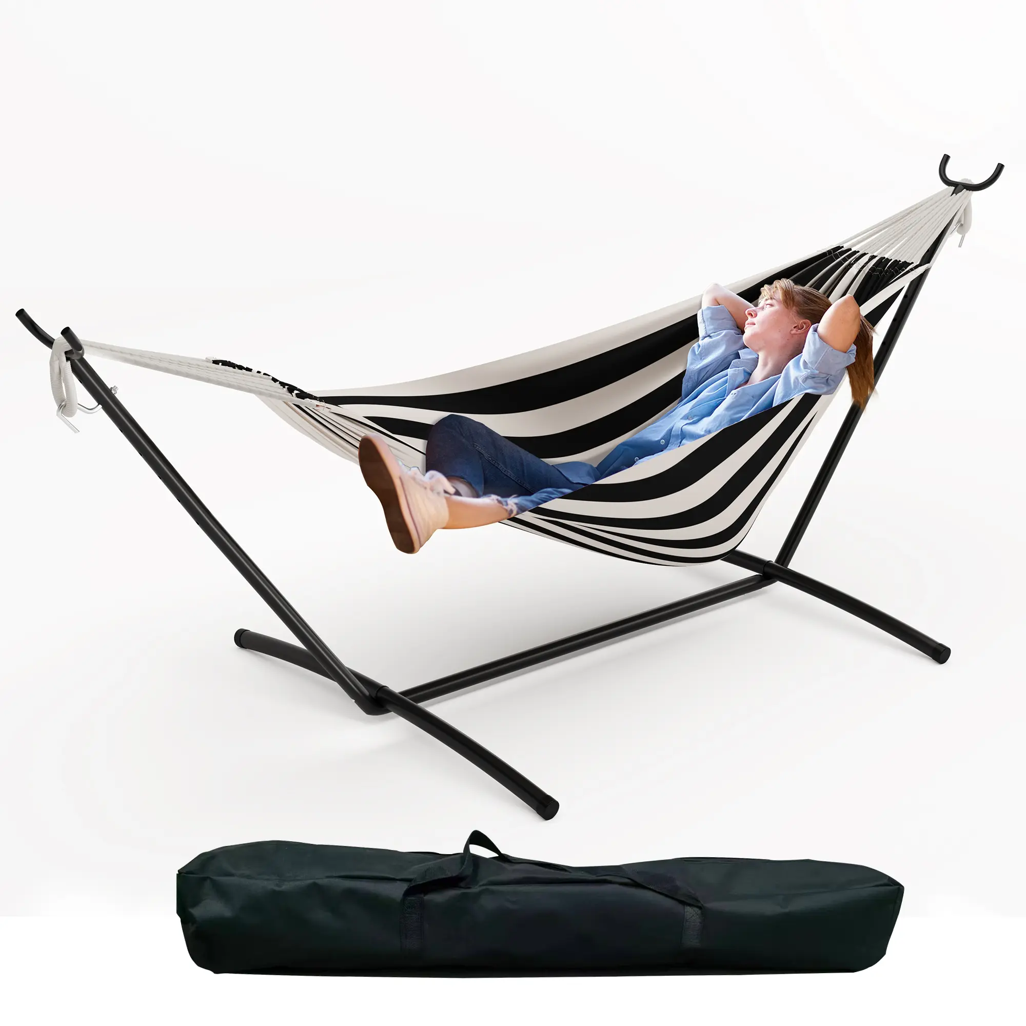 2 Person Brazilian-Style Hammock Bed with Steel Stand, 450lb Capacity, Portable Carry Bag, Easy Assembly Tropical Decor, Durable Hammock, Outdoor Portable Hammock