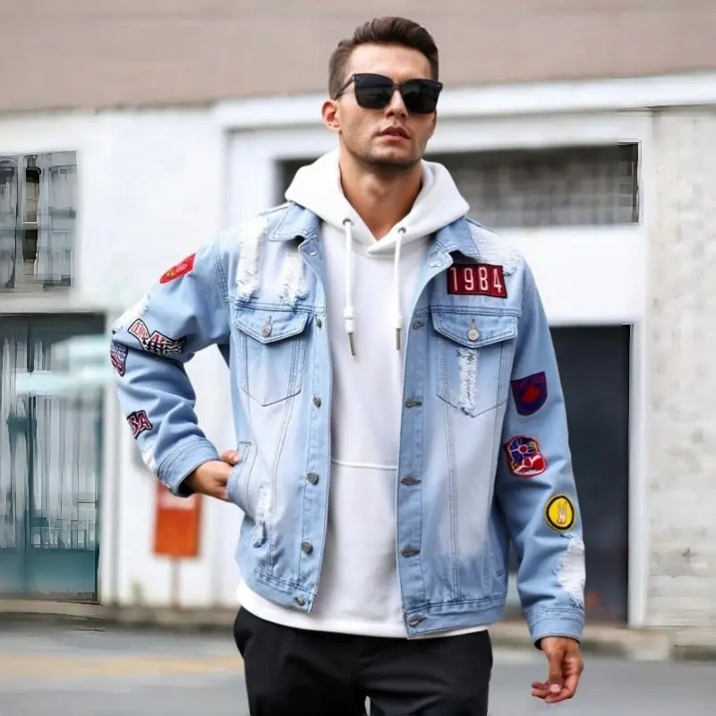 Y102 Men Streetwear Light Wash Multi-Ripped Patchwork Denim Jacket