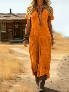 Western Wild West Long Bohemian Ethnic Print Slimming Dress, Vacation Essential, Casual Wear, Western Style Maxi Dress, Women's Fashion