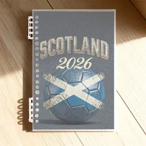 Scotland 2026 Soccer Theme Notebook, A5 Size, Lined Pages, Retro Design with Textured Dark Gray Background & Blue - White Soccer Ball, Ideal for Office & Daily Use, Premium Paper Material, Stylish & Nostalgic Stationery