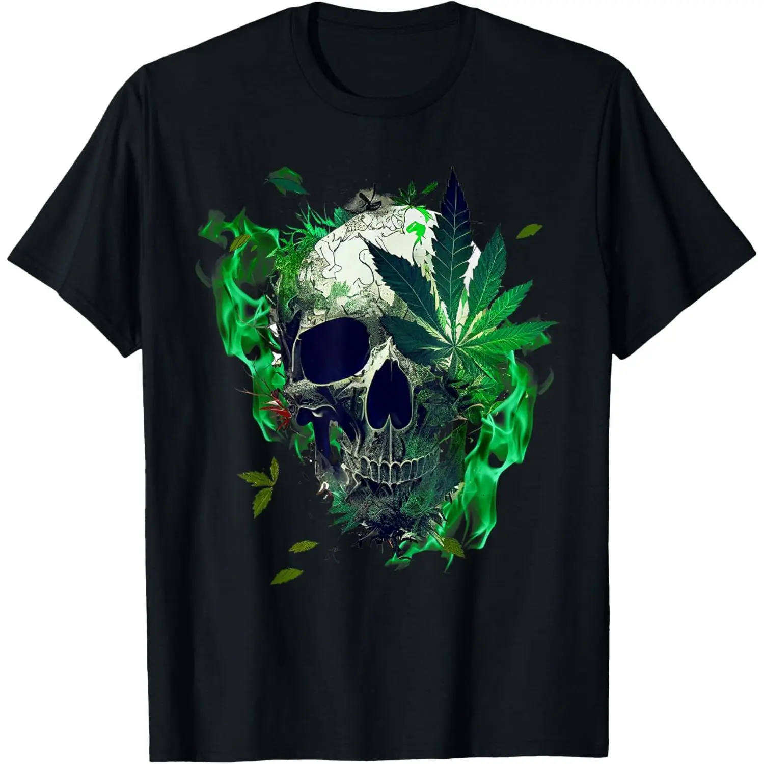 Women's Cotton Casual Round Neck Short-Sleeve Graphic T-Shirt - Marijuana Skull, 420 Pot Leaf Design, Shortsleeve, Streetwear