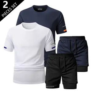 Summer men's sports and leisure quick-dry short-sleeve shorts set, solid color short-sleeve sports top, breathable and comfortable sportswear, outdoor sportswear, jogging sportswear, suitable for outdoor activities; paired with quick-dry breathable ice si