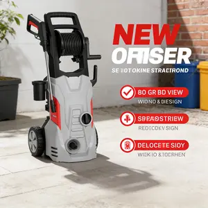 Electric high-pressure washer with adjustable spray nozzles and a hose reel, suitable for cleaning cars, yards, and fences; portable model compliant with U.S. standards.
