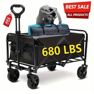 220LBS/ 450LBS/ 680LBS All Terrain Heavy Duty Folding Cart, Large Capacity Camper Suitable for Yard Shopping/ Sports/ Outdoor/ Gardening Equipment Handling, Black Multifunctional Utility Cart, Gardening Transport, Shopping Cart, Compact Storage