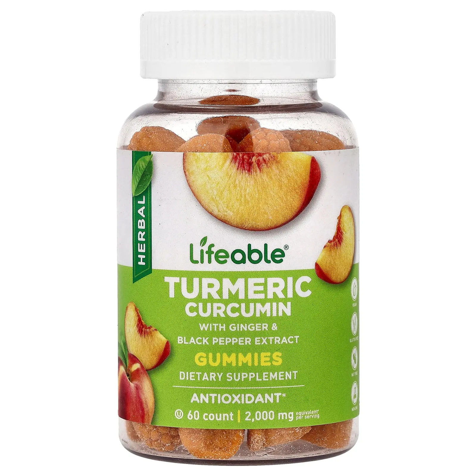 Lifeable Turmeric Curcumin Gummies, Peach, 60 Gummies