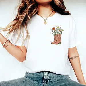 Cowgirl Boots Wildflowers Shirt, Retro Western Graphic Tee, Comfort Colors Country Girl T-Shirt, Rodeo Outfit, Gift for Her, Country Farm