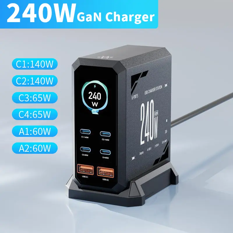 240W Digital USB C GaN Charger 6 Ports Desktop Charging Station, PD 3.1 140W USB C Fast Charger Block for MacBook Pro/Air, DELL, Laptop,Fast Charger Power Adapter for iPhone 17 pro max,Samsung Cellphone,iPad,Black