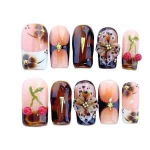 10PCS Short Square Handmade 3D Acrylic Press On Nails with Tortoise Shell & Cherry Design| Reusable Fake Nails| Retro French Style| Salon Look japanese nail cherry decor Halloween Gradient Spider French Nails Kit