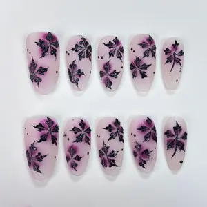 T78 Purple hand-painted flowers press on nails/Almond shape/detachable and reusable /Handmade Holiday Nail Art for Everyday Wear or Gift