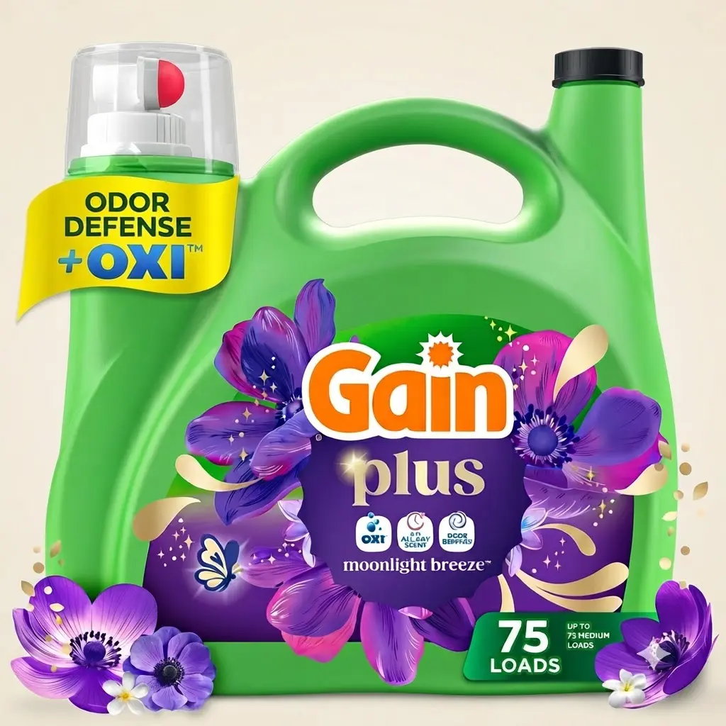 Gain Plus Liquid Laundry Detergent Odor Defense OXI Moonlight Breeze 99 fl oz 75 Loads Stain Remover HE Laundry Soap