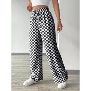 Women's All Over Checkerboard Print Drawstring Waist Straight Leg Pants, Casual Comfort High Waist Trousers for Daily Wear, Multicolor Oversized