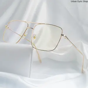 XUH Oversized Square Vintage Metal Frame Eyeglasses for Men Women, Blue Light Blocking Clear Lens Gold Optical Spectacle Frame, Anti Eyestrain Fashion Eyewear for Office, Daily Wear & Streetwear