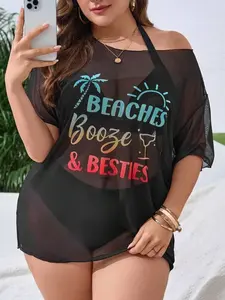 Plus Size Beach Cover-Up | Letter Graphic Loose Fit for Summer Holiday Wear