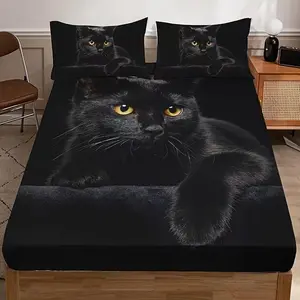 Cute black Cat Print Bed Sheet Set (1 Fitted + 2 Pillowcases), High-Quality Bedroom or Guest Room, Casual Home Dormitory Bedding