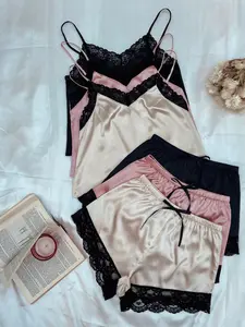 Women's Solid Color Cami Top Spaghetti Strap & Shorts Pyjama, Comfort PJ Set for Homewear, Camisole & Shorts PJ Set, Women's Sleepwear for Summer, Soft Comfy Lingerie