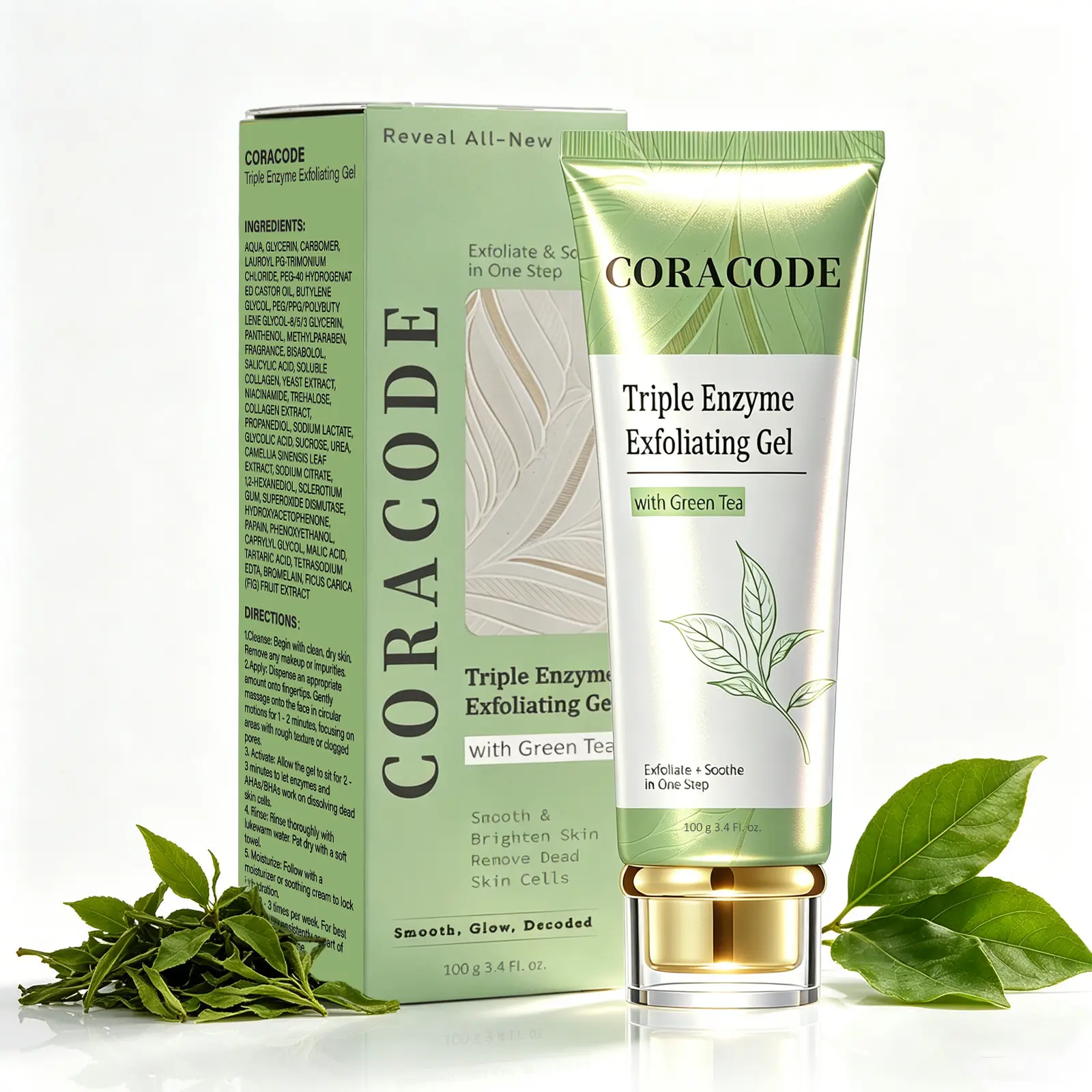 CORACODE Triple Enzyme Green Tea Exfoliating Aqua Peeling Gel - Lightweight Soothing Deep Pore Face Exfoliant with Natural Cellulose, Hyaluronic Acid, Dead Skin Remover for All Skin Types (100ml/3.4 fl.oz, Single Item), Gentle, Brightening Facial Exfoliat