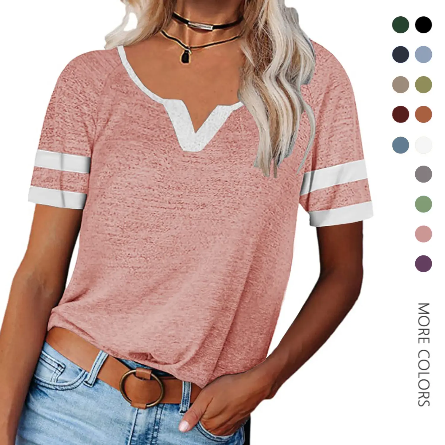 Danedvi Women's Minimalist V-Neck Color Block Short-Sleeve Raglan Tunic Top - Slim-Fit, Breathable Cotton Spandex Fabric, Casual Sexy Summer Daily Wear, Versatile for Leggings, Party, Available in XXL