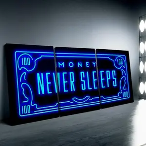 3pcs Wooden Framed Canvas - 'Money Never Sleeps' Neon Art Posters, Canvas Prints, Motivational Quotes Wall Art, Art Wall Decoration, Modern Wall Decor Living Room, Bedroom, Gift for Friends and Family, Waterproof Canvas, Wall Decor, Ready To Hang