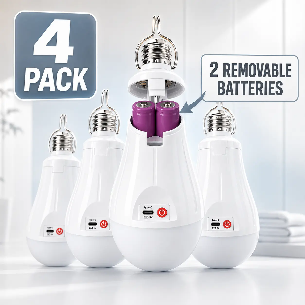 4 Pack Rechargeable Emergency Light Bulbs, Battery Backup LED Bulbs with 2 Replaceable Batteries per Bulb, USB-C Charging, 3 Brightness Modes for Power Outages & Camping